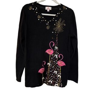 Quacker Factory Pink Flamingo Christmas Tree Sweater Sequin Beaded Whimsical M